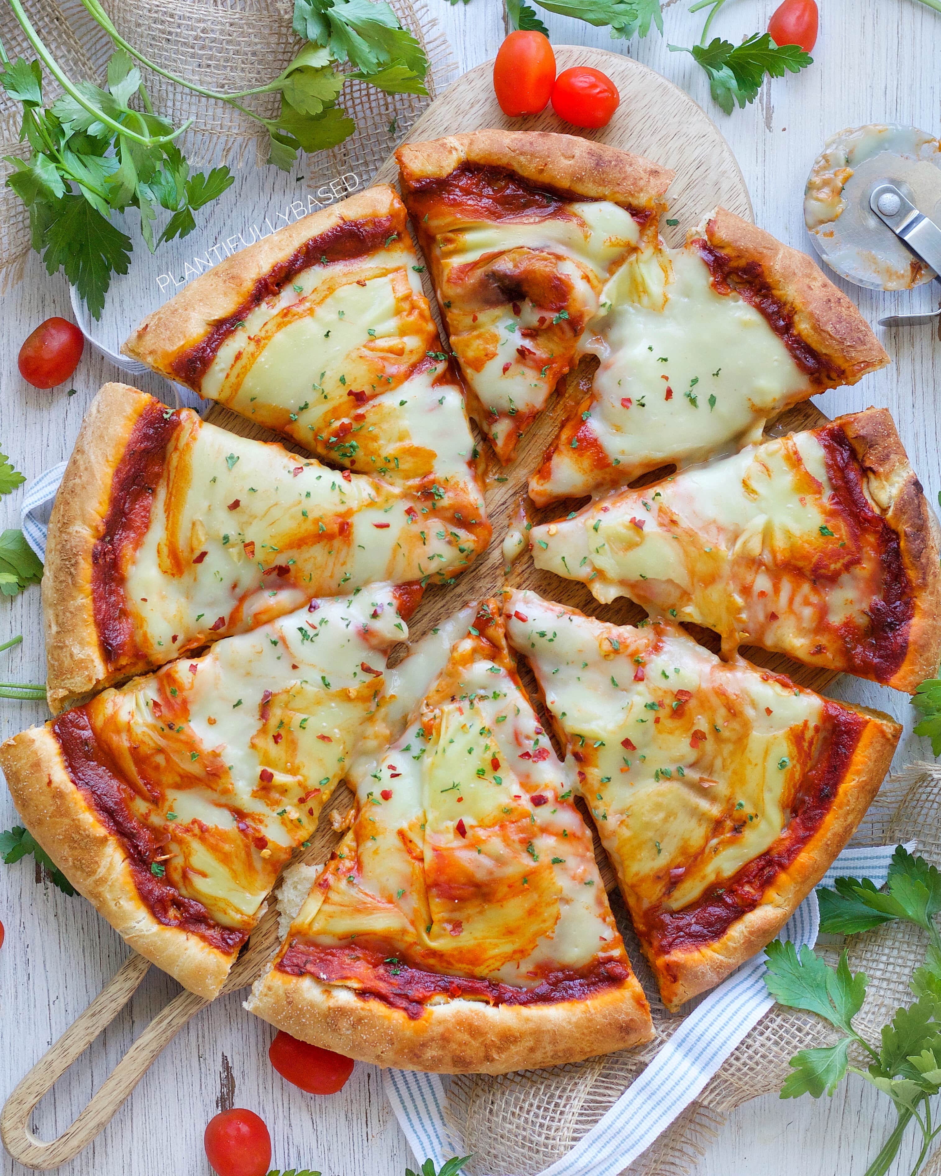 Homemade Vegan Pizza with Vegan Mozzarella - Plantifully Based
