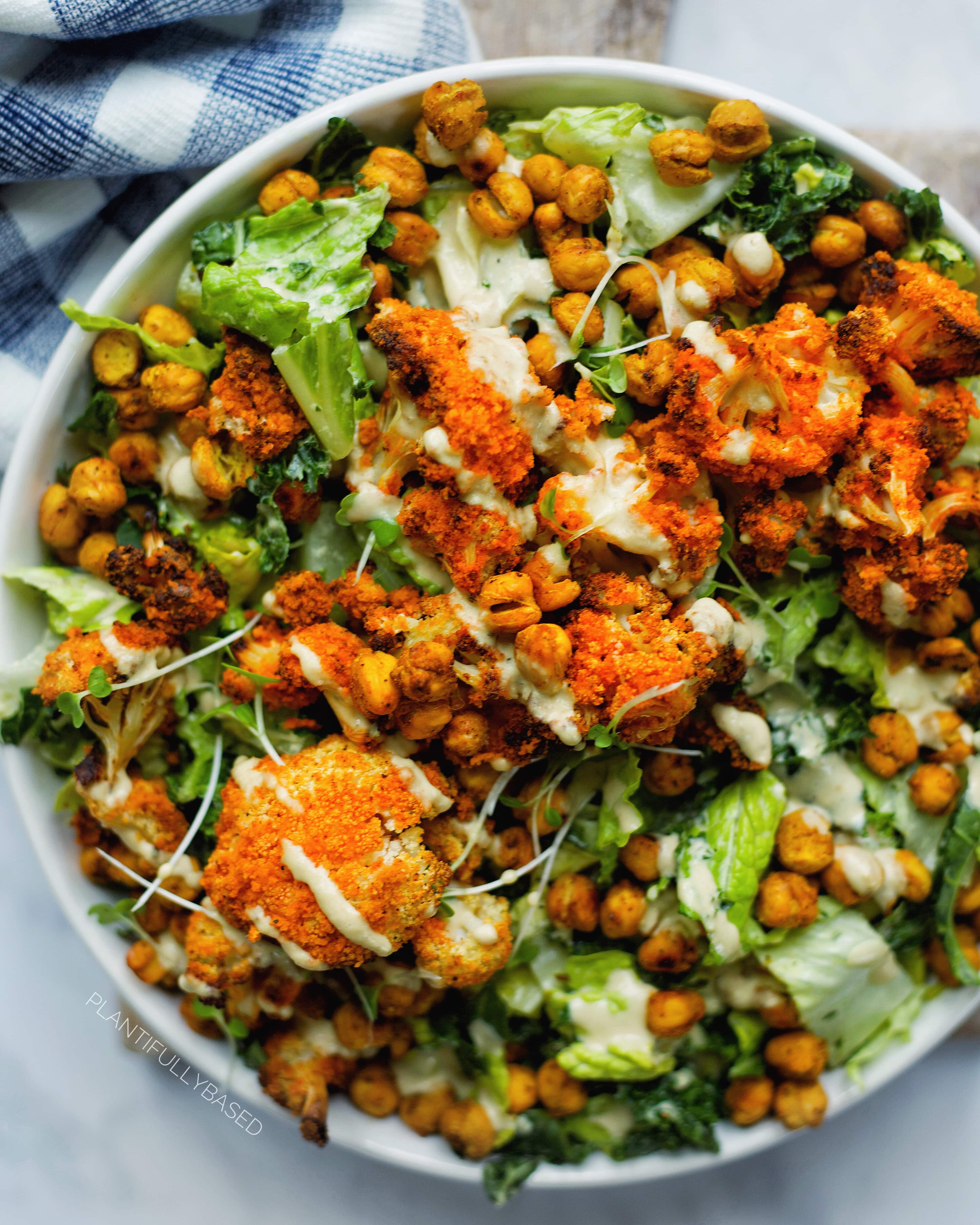 Vegan Kale Caesar Salad with Crispy Chickpeas and Buffalo Cauliflower ...