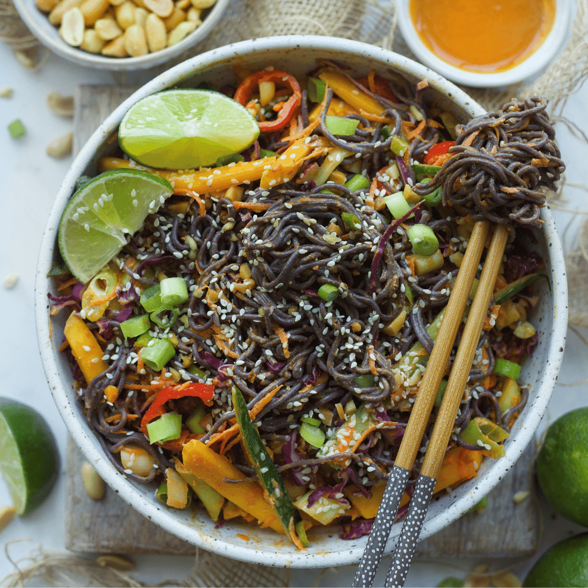 Cold Thai Peanut Mango Noodle Salad - Plantifully Based