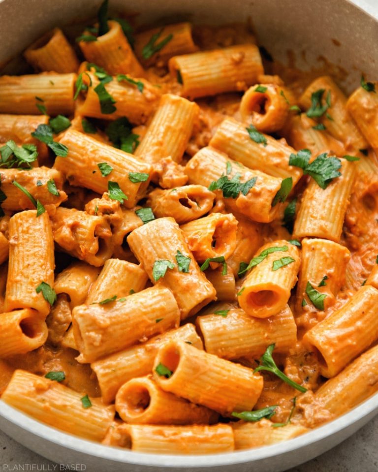 Creamy Vegan Sausage Rigatoni - Plantifully Based