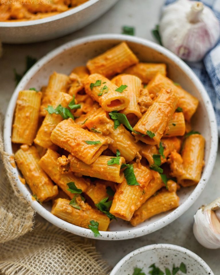 Creamy Vegan Sausage Rigatoni - Plantifully Based