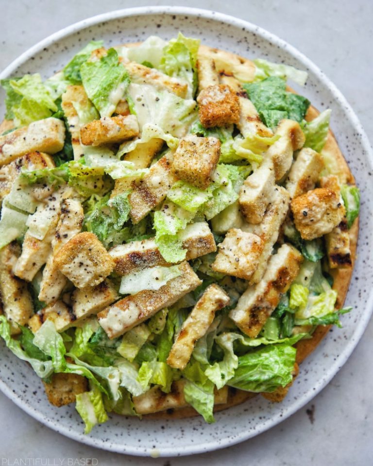 Vegan Chick'n Caesar Salad Pizza - Plantifully Based