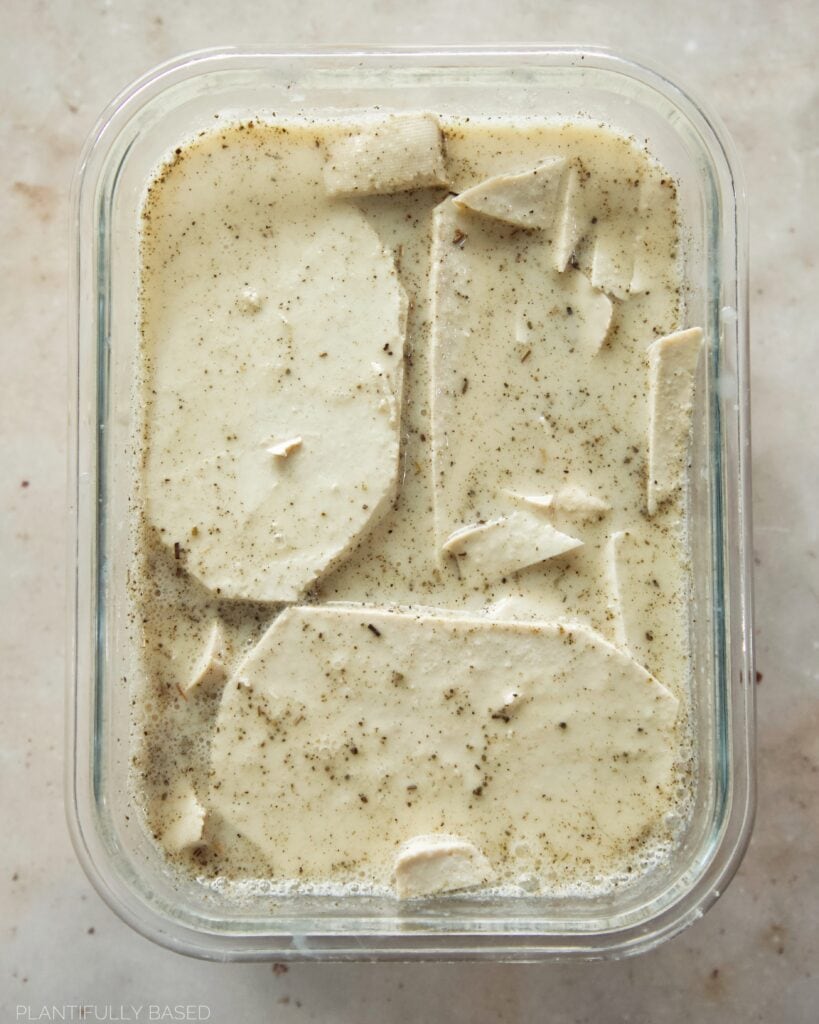 tofu marinating for air fried vegan chick'n tenders