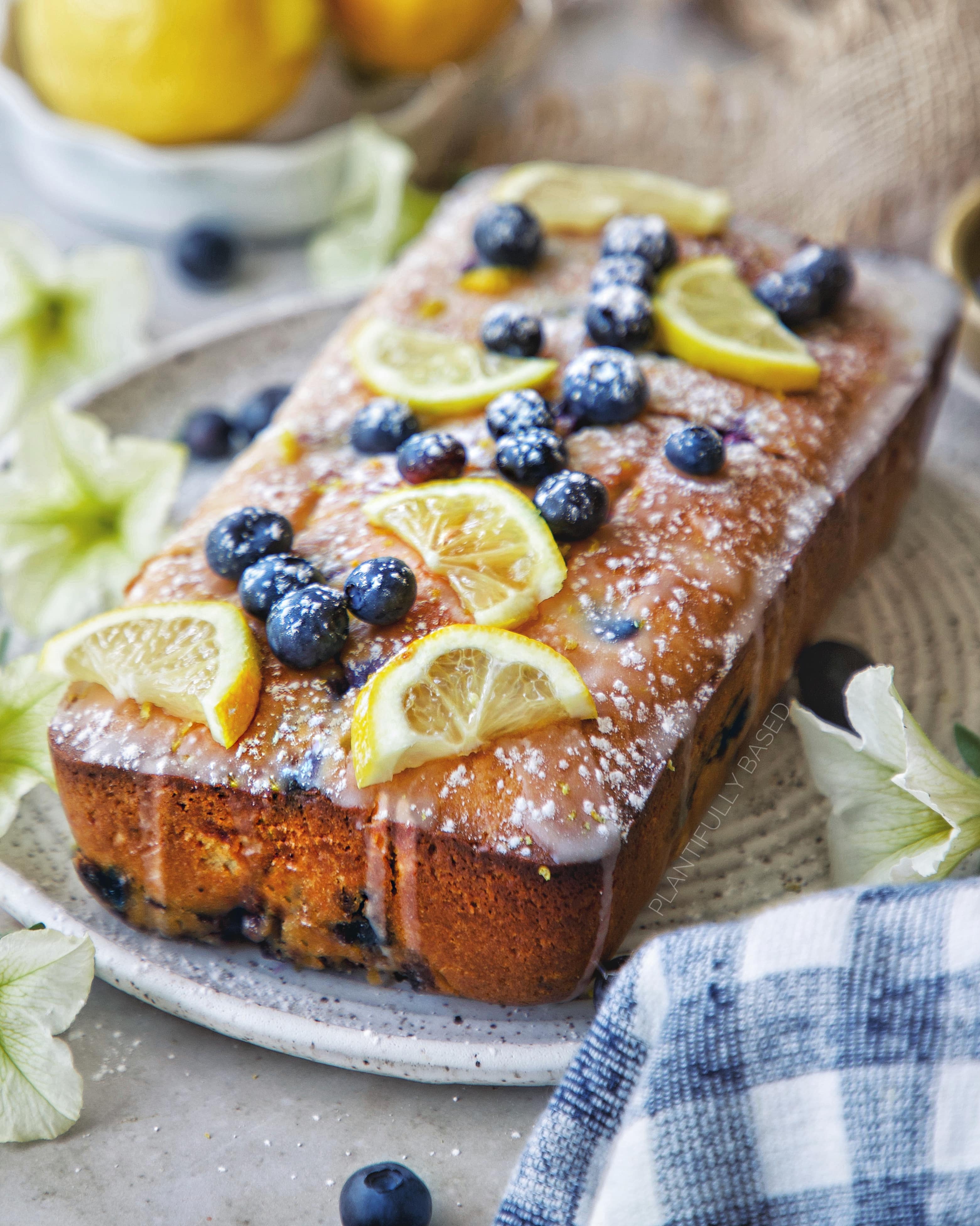 close up, head on image of vegan lemon blueberry pound cake
