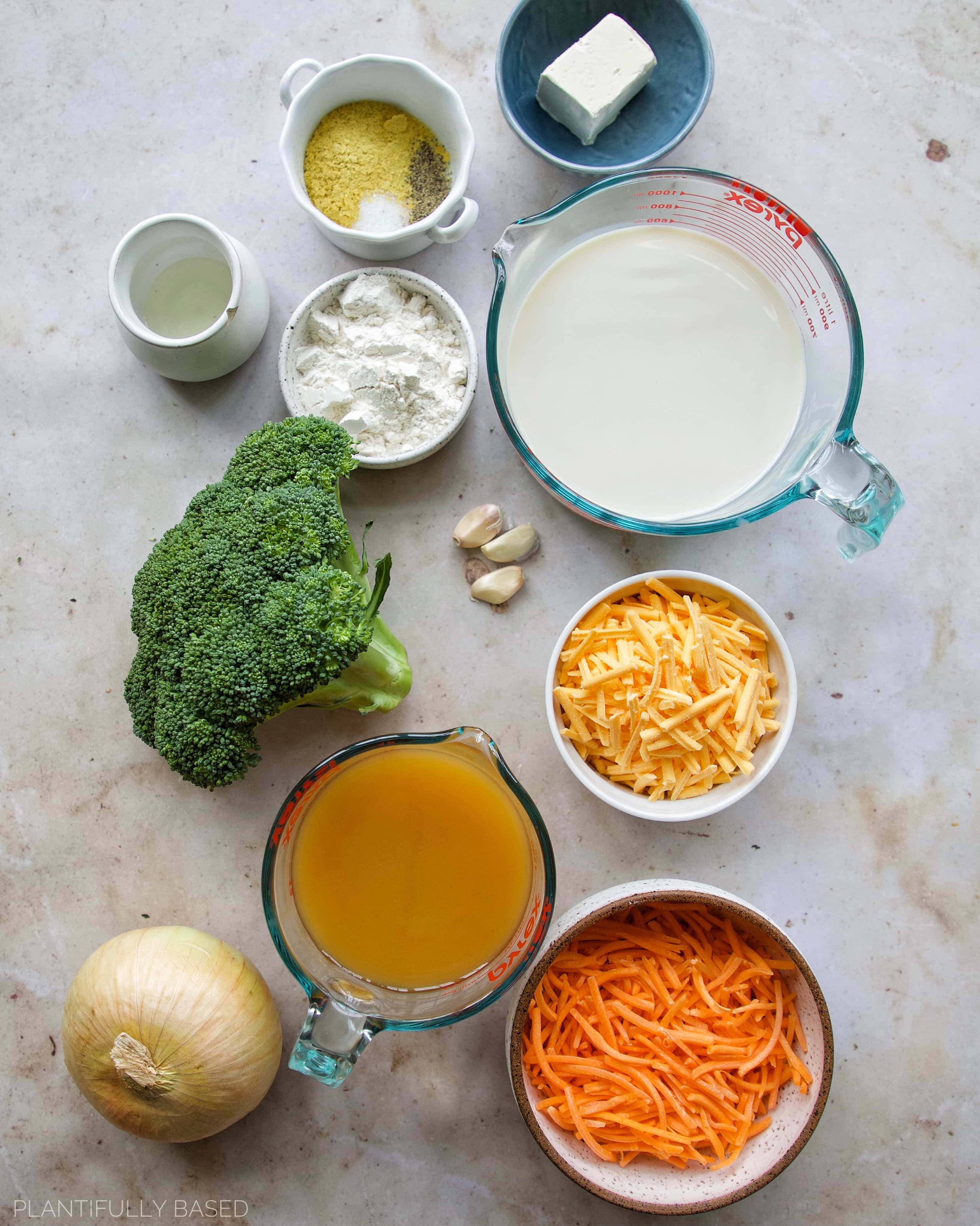ingredients for vegan broccoli cheddar soup