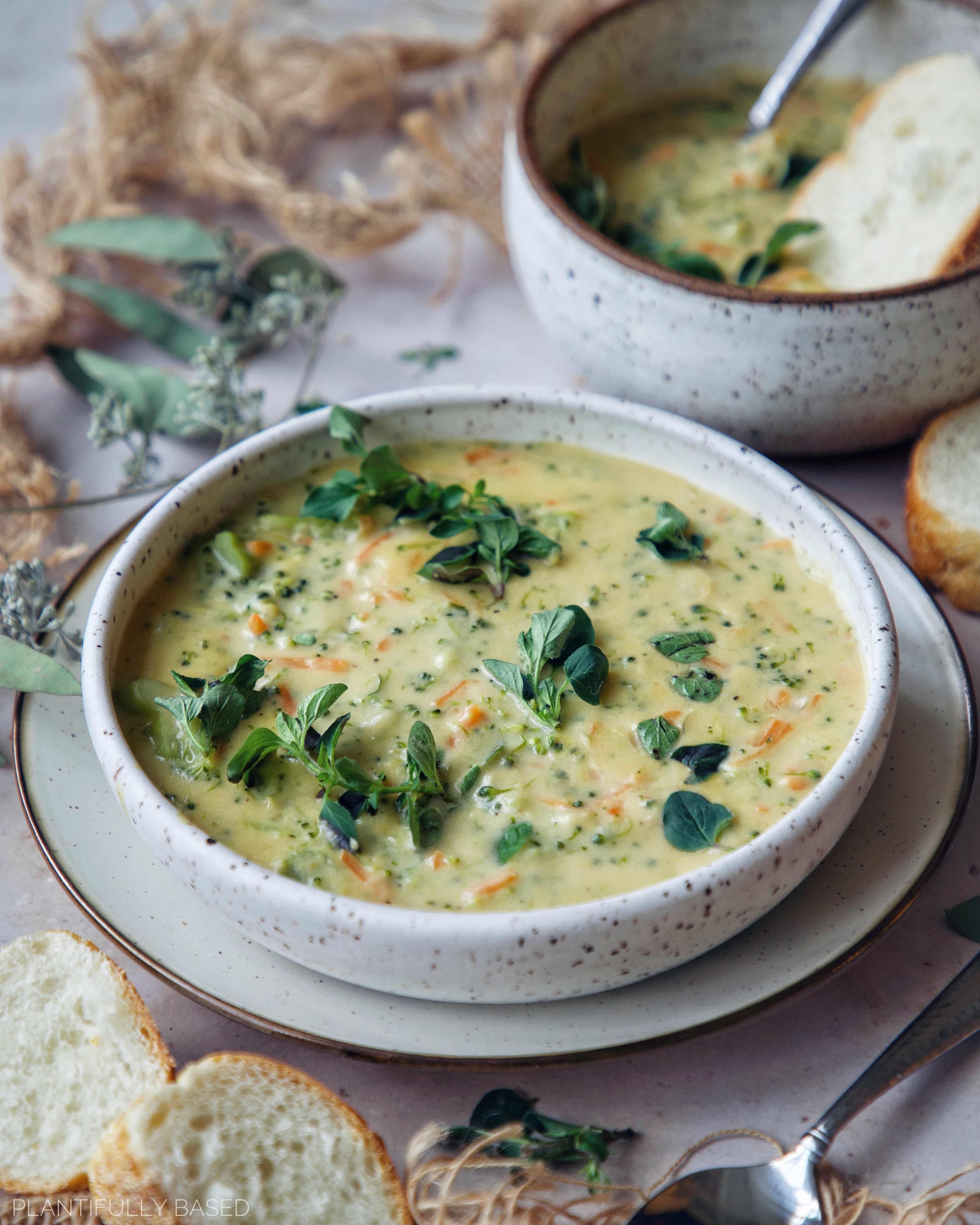 head on image of vegan broccoli cheddar soup