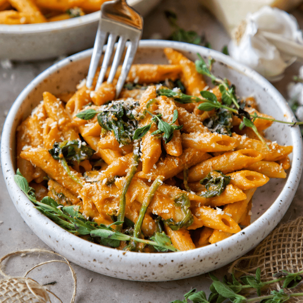 Easy Creamy Tomato Pasta with Spinach - Plantifully Based