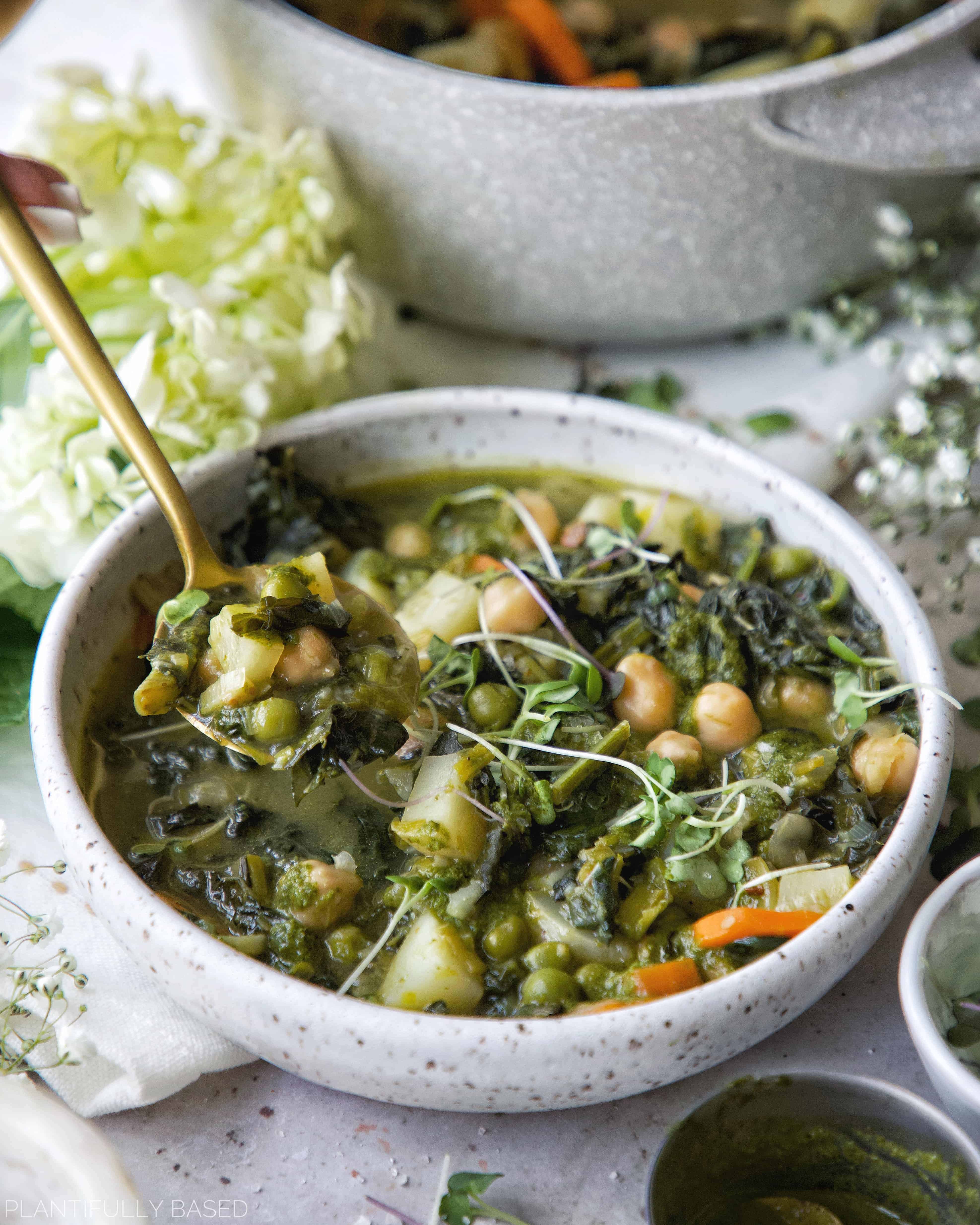 picture of spring green minestrone soup with spoon