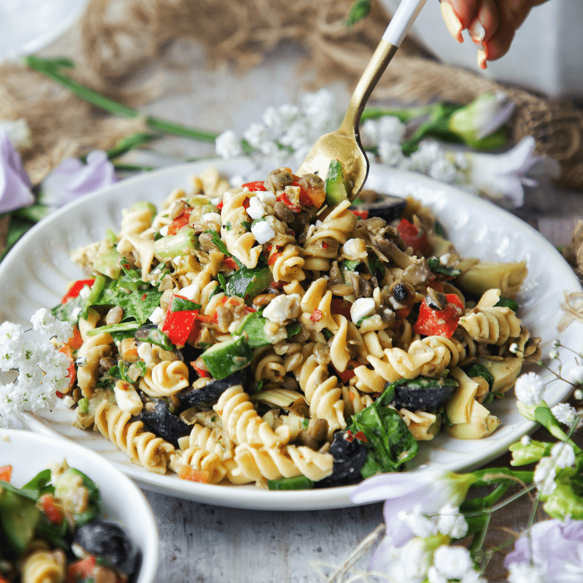 Gluten Free Red Lentil Pasta and Vegetable Salad Cups