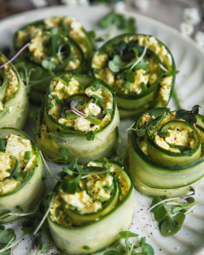 Soft boiled Egg Salad & Cucumber Wraps with Crispy Fried Onions
