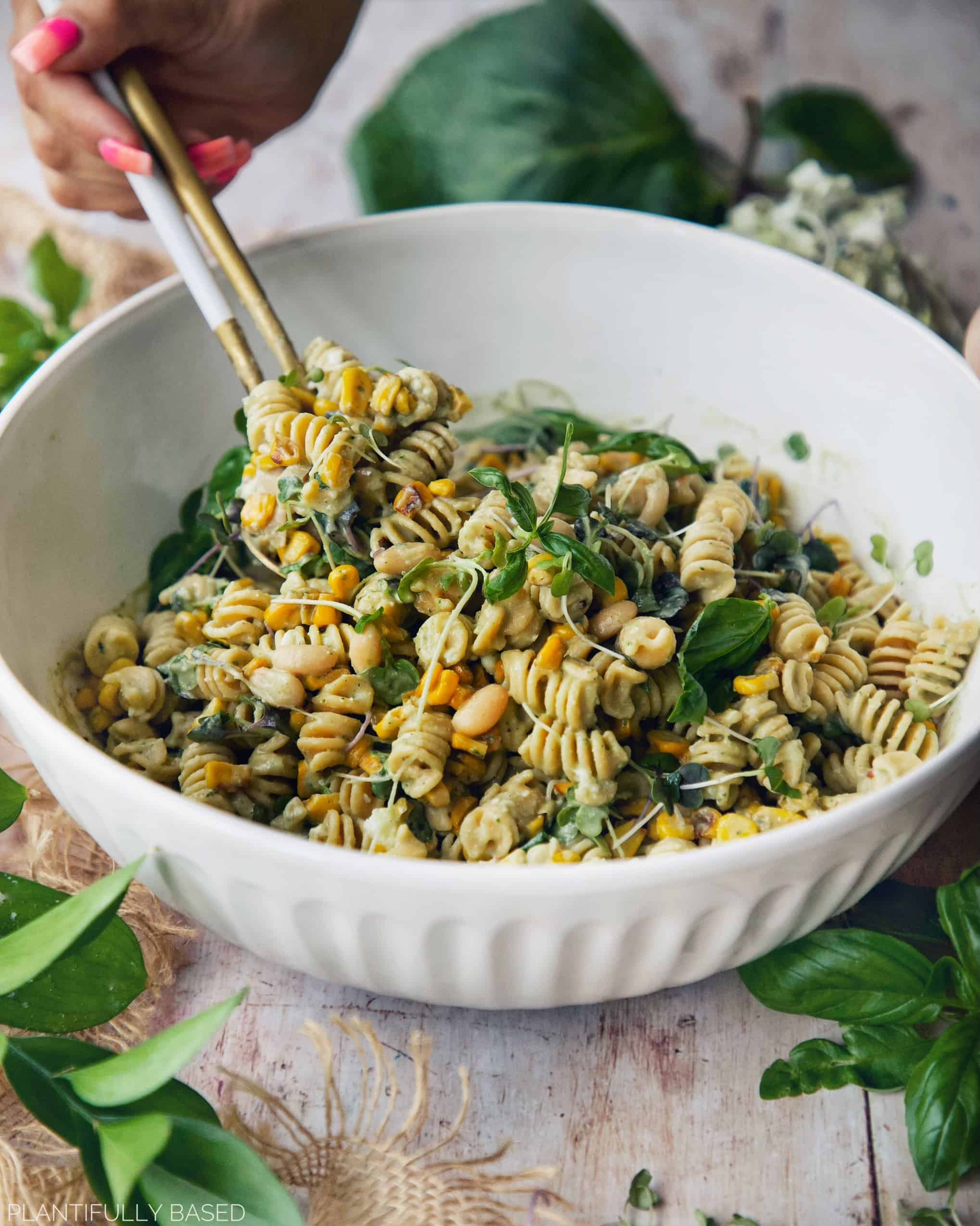 Creamy Vegan Pesto Pasta Salad - Plantifully Based