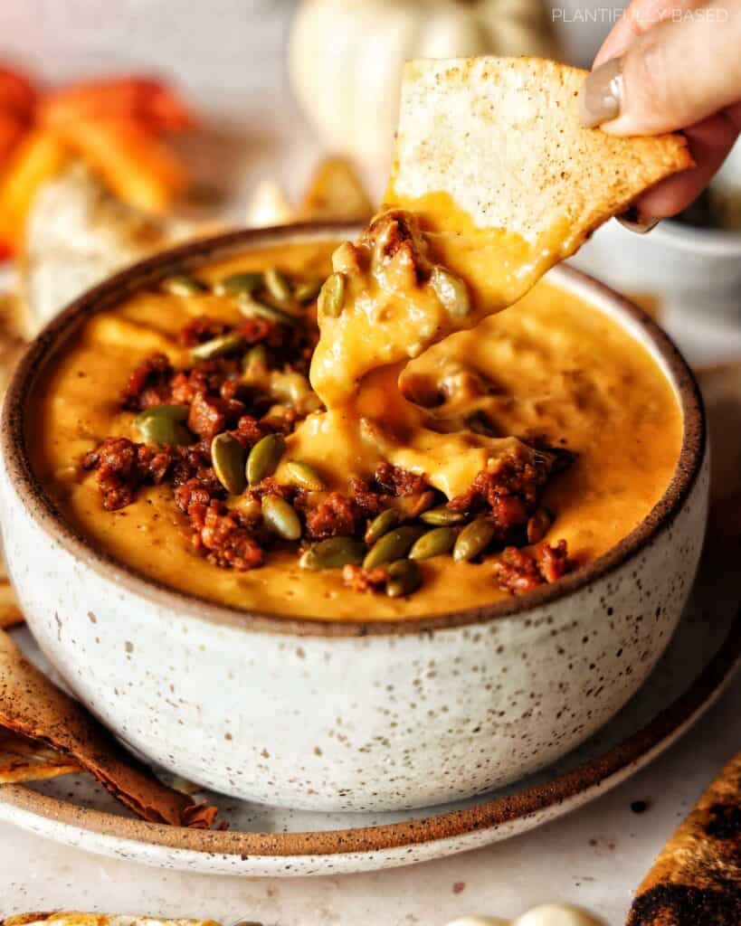 image of pumpkin queso with chip