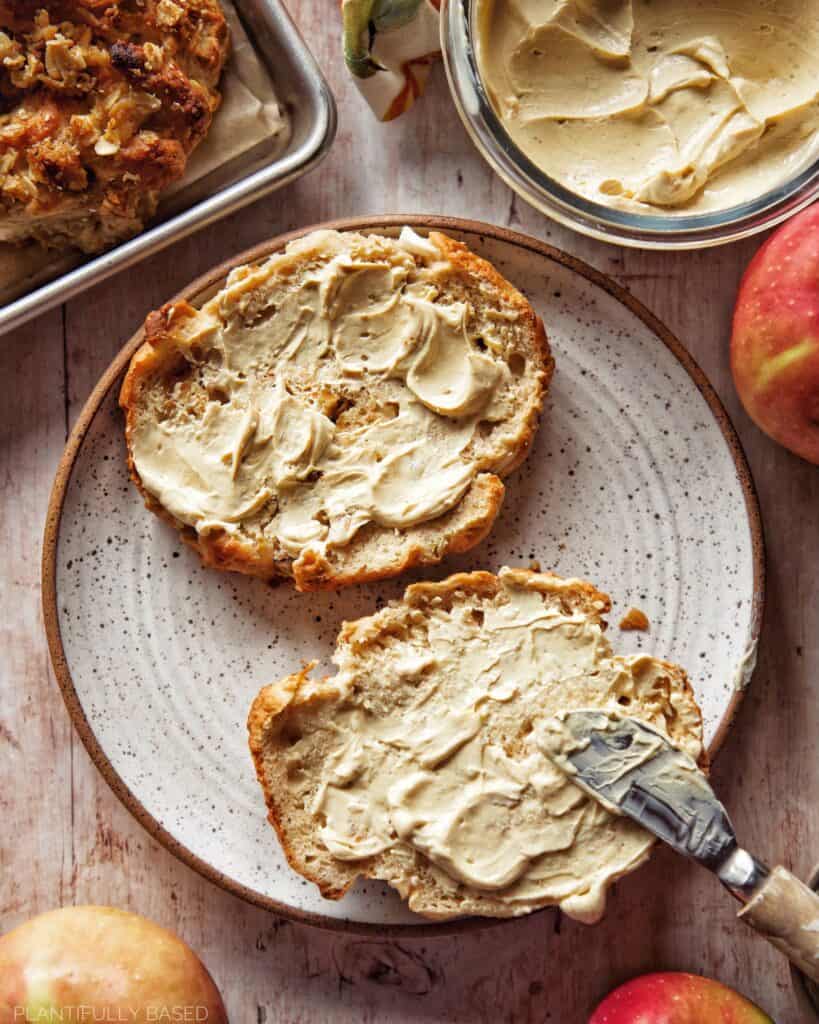 flatlay of high protein apple crisp bagel