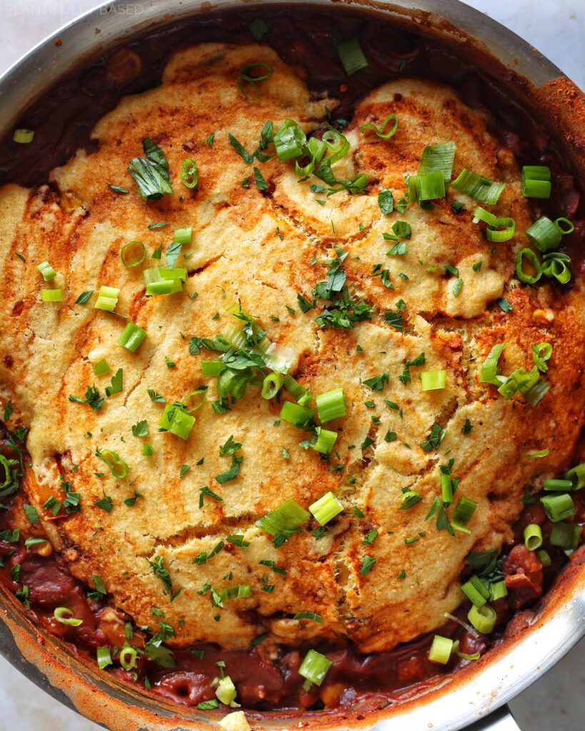 cornbread chili casserole after being baked in pan