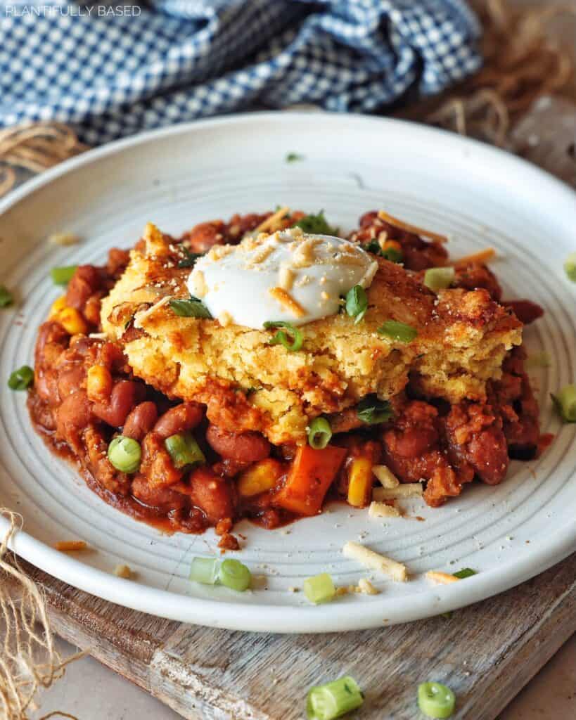 image of vegan cornbread chili casserole
