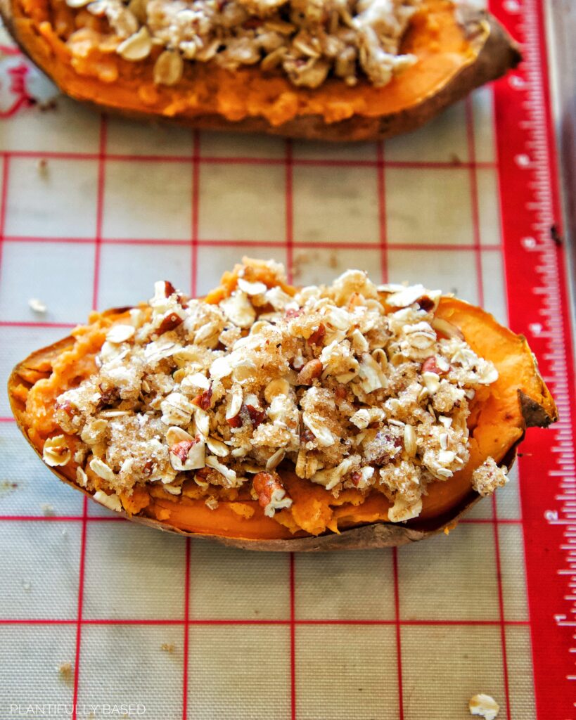 vegan twice baked sweet potatoes before baking with topping