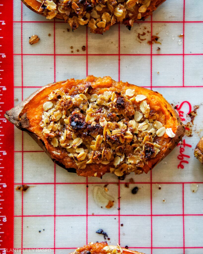 vegan twice baked sweet potatoes after baking with topping