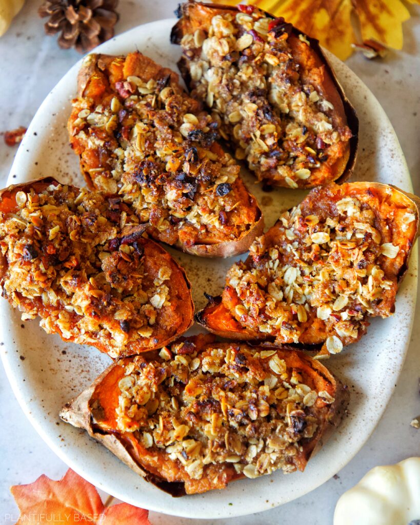 vegan twice baked sweet potatoes with the pecan oat crumble topping