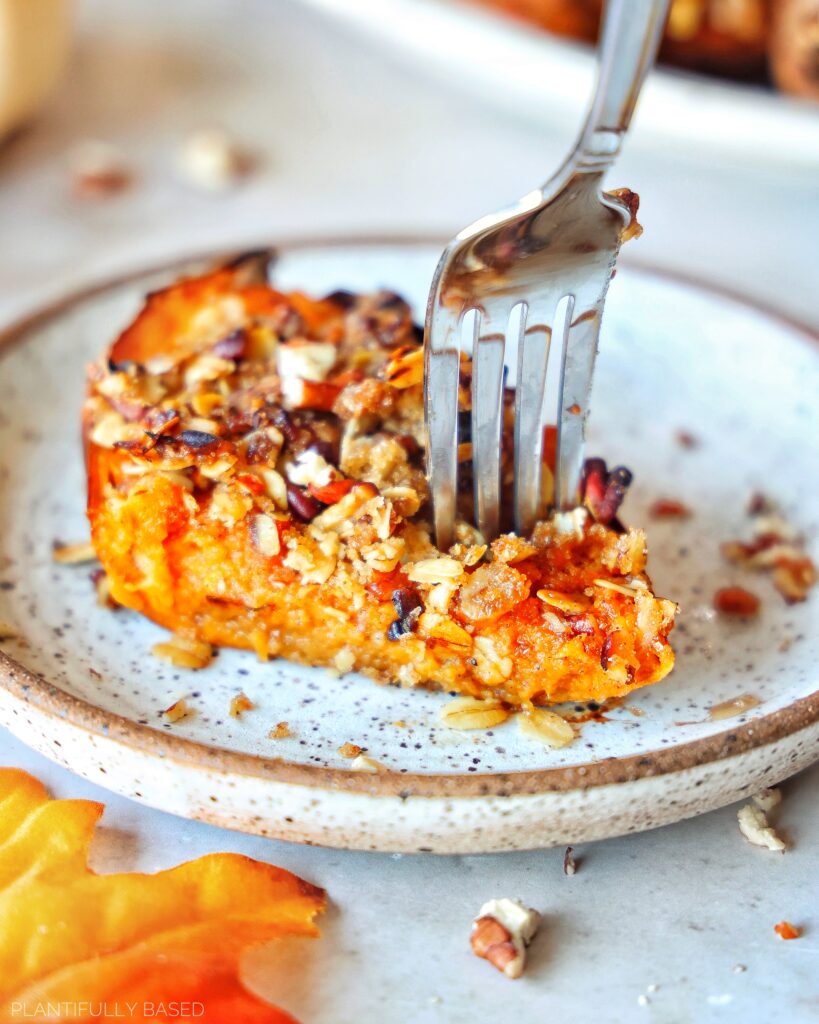 image of fork in vegan twice baked sweet potatoes