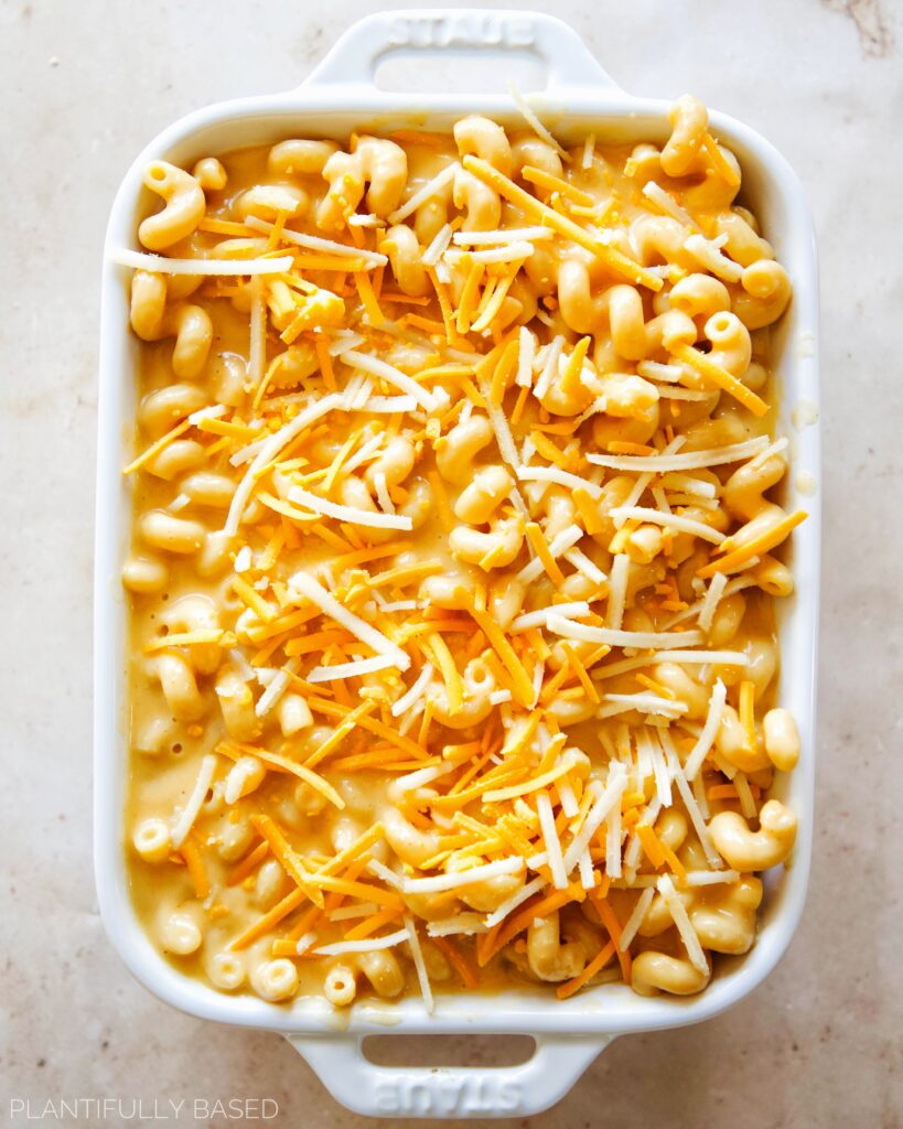 image of vegan baked mac and cheese before being baked