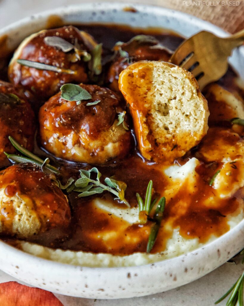 inside cross section of vegan turkey meatballs
