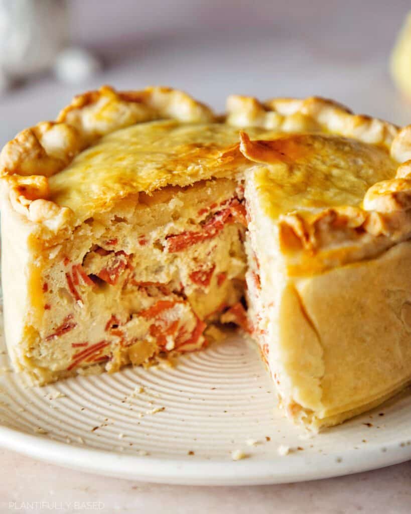 image of a piece cut out of vegan pizza rustica