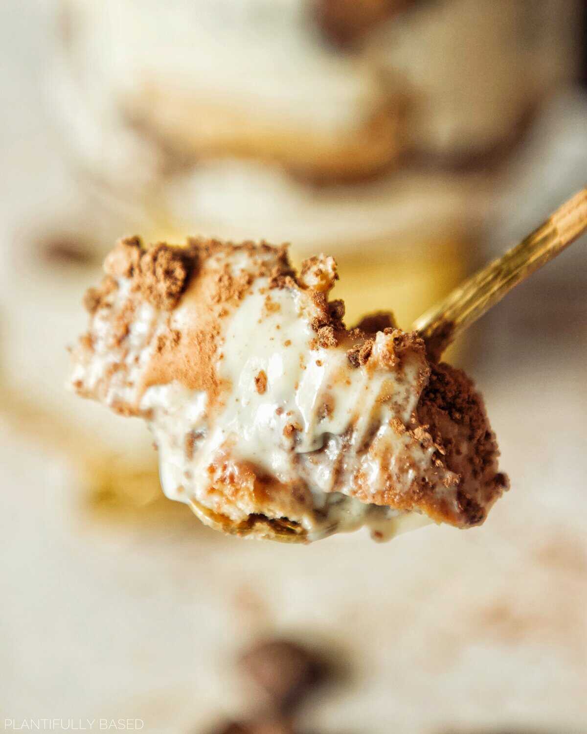 scoop of high protein breakfast tiramisu