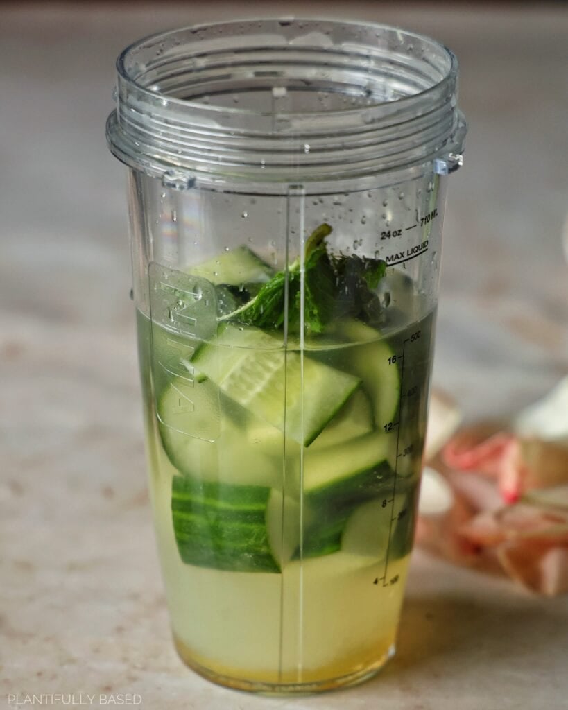 ingredients in blender for cucumber mint lime refresher