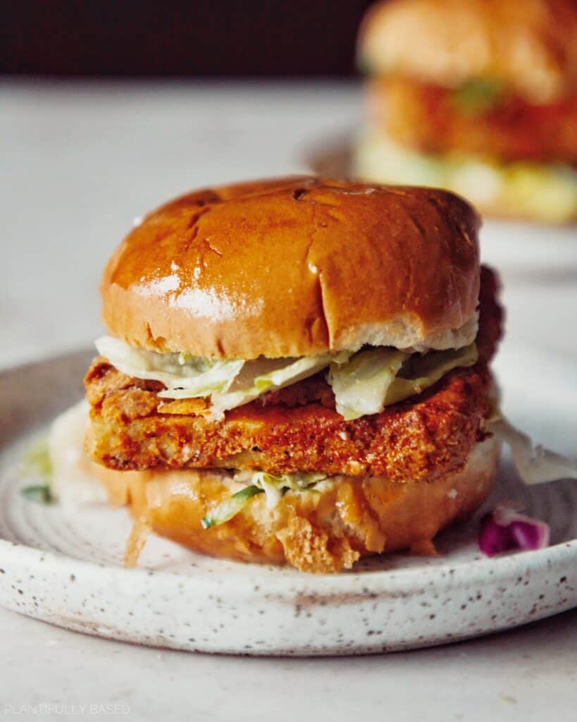 air fried vegan "chicken" in a sandwich