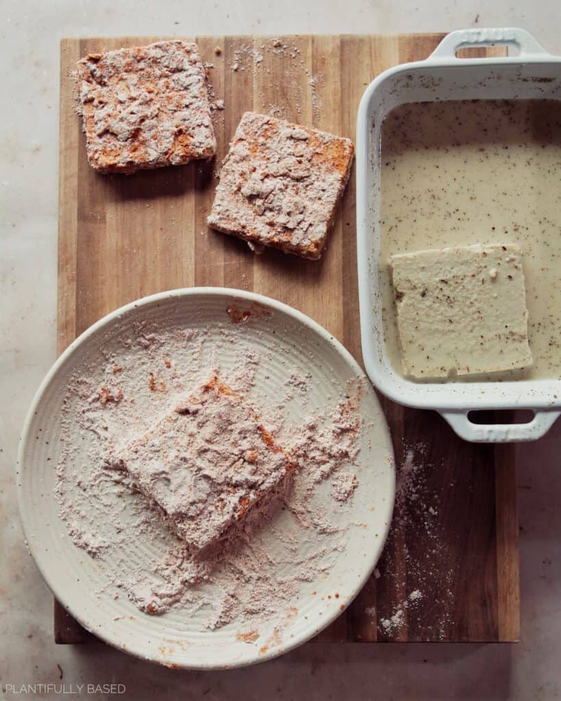 breading the tofu for air fried vegan "chicken"