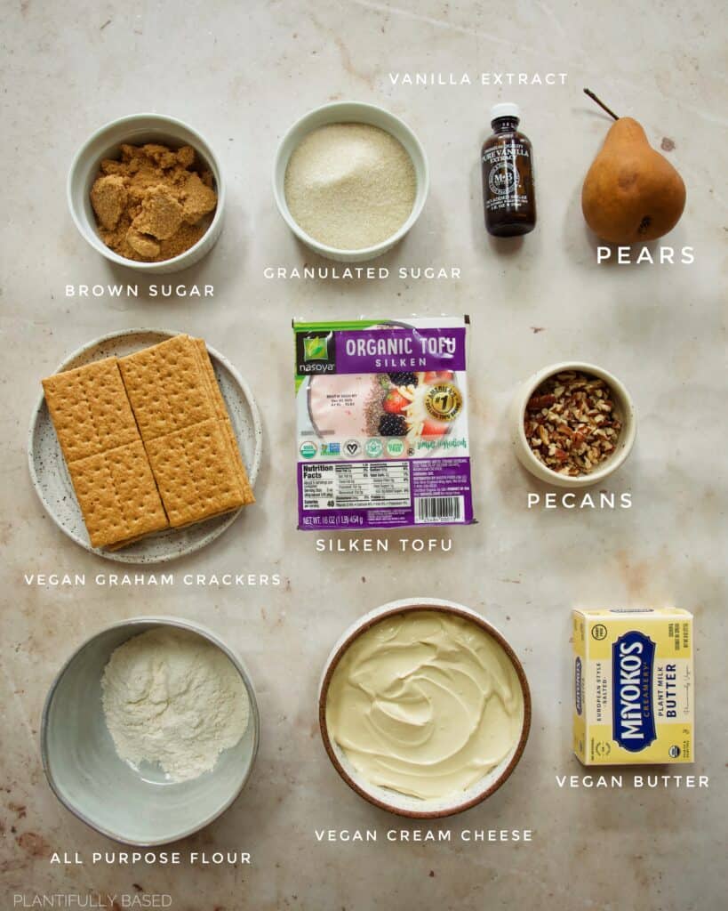 ingredients for Vegan Pear Pecan Crumble Cheesecake