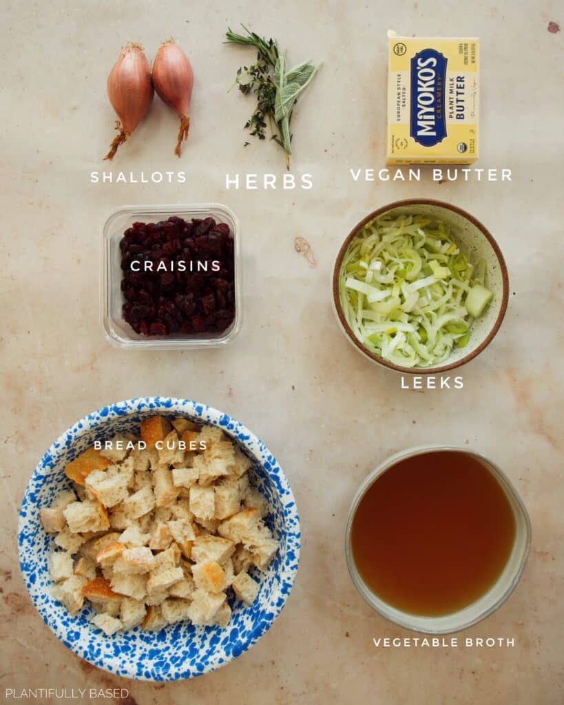 Craisin and Leek Sourdough Stuffing ingredients