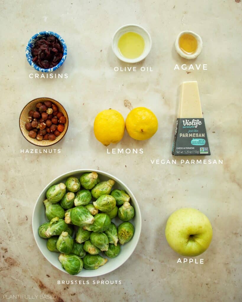 Holiday Brussels Sprouts Salad with Vegan Cheese, Craisins, and Hazelnuts ingredients