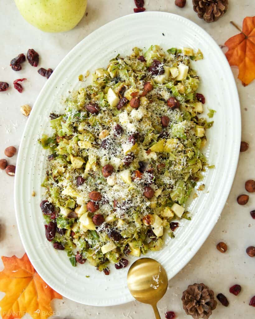 Holiday Brussels Sprouts Salad with Vegan Cheese, Craisins, and Hazelnuts