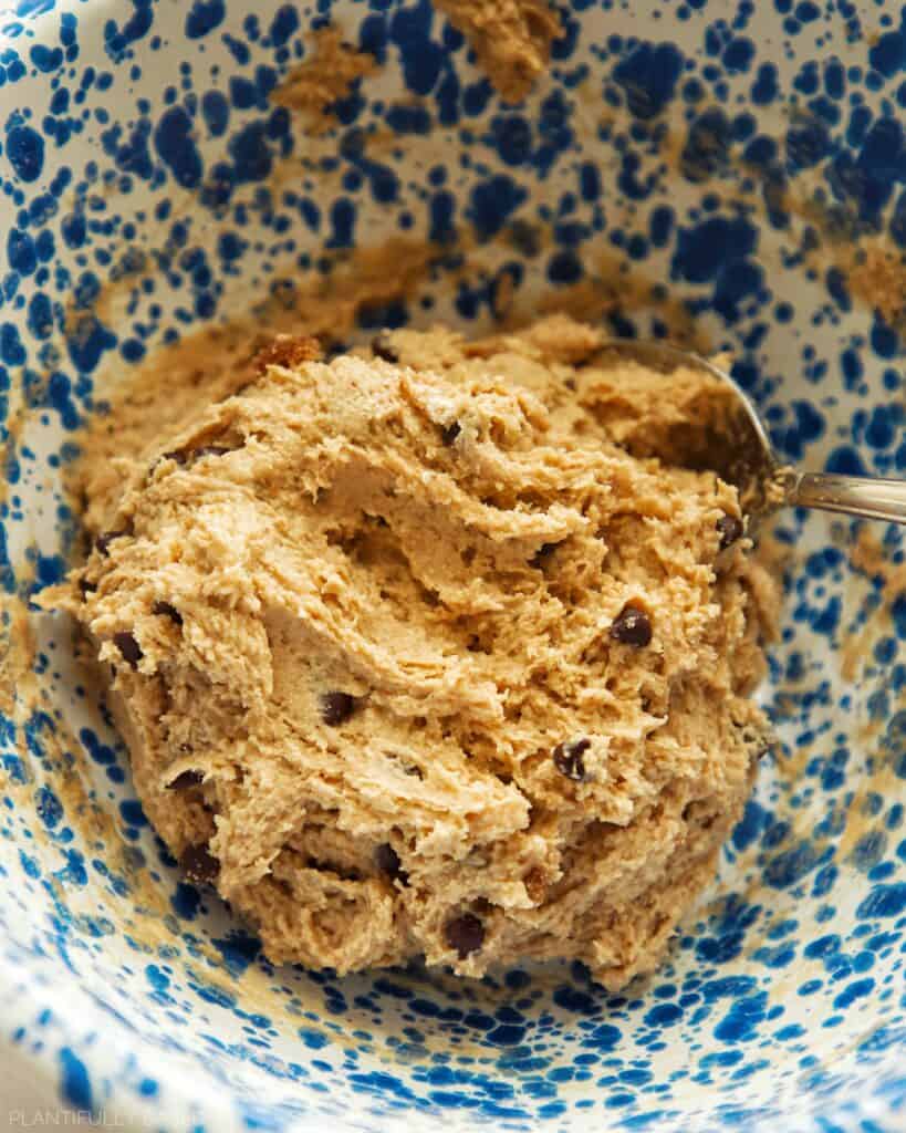 image of Tofu Chocolate Chip Cookies made with Silken Tofu cookie dough with chocolate chips mixed in