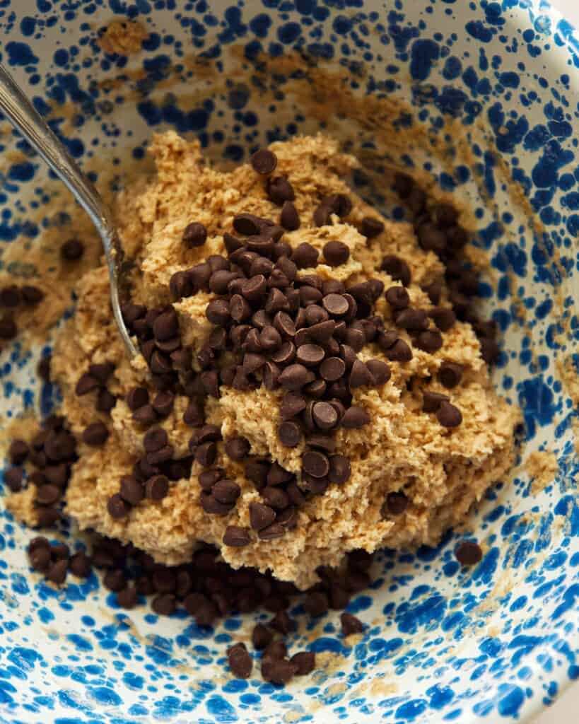 image of Tofu Chocolate Chip Cookies made with Silken Tofu cookie dough with chocolate chips on top