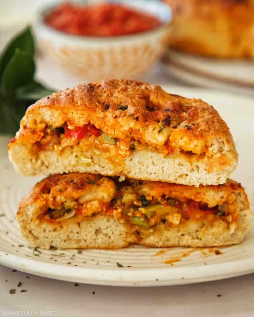 Stuffed Protein Pizza Bagels cut in half