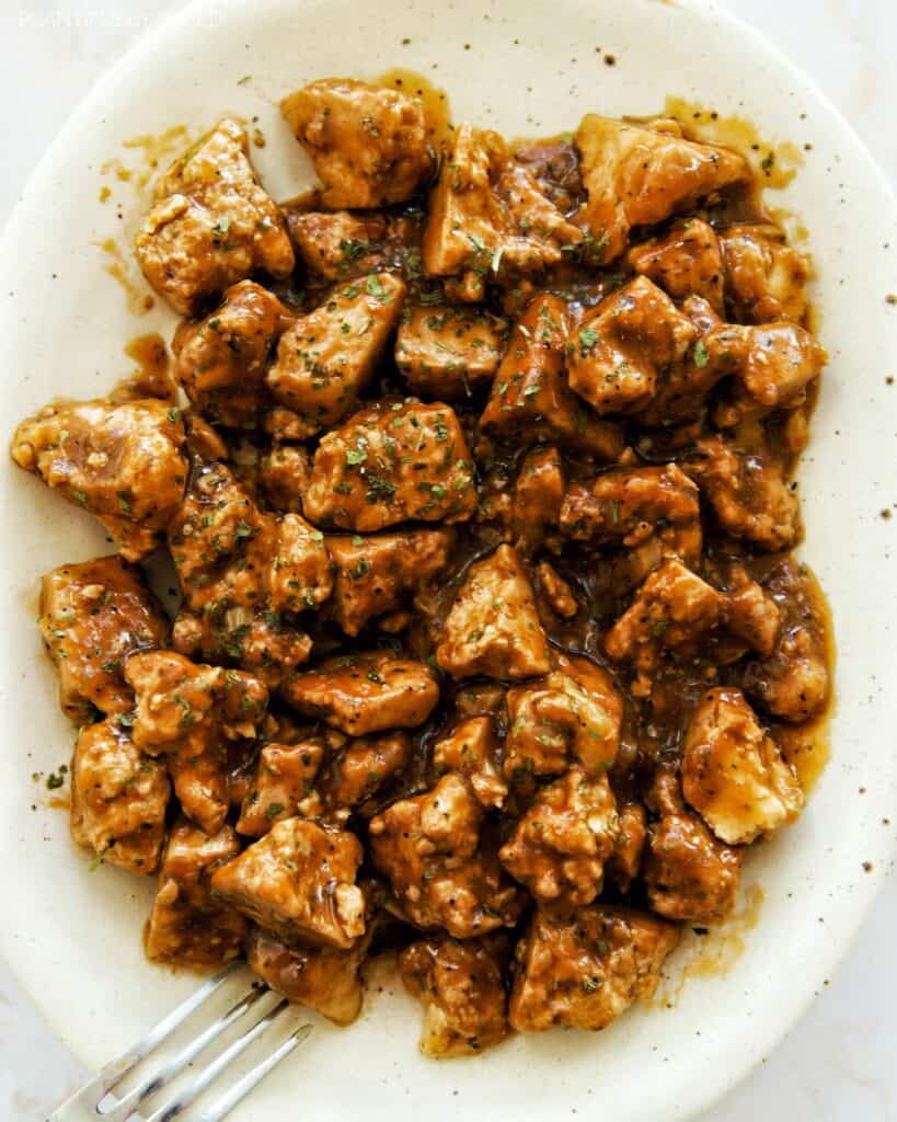 Saucy Tofu "Steak" Bits in a dish