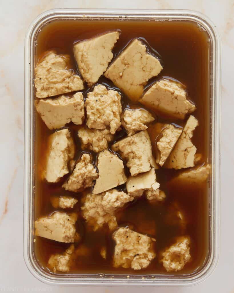 tofu in marinade after marinating