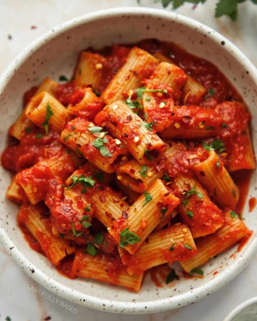 Rigatoni Arrabbiata in a bowl