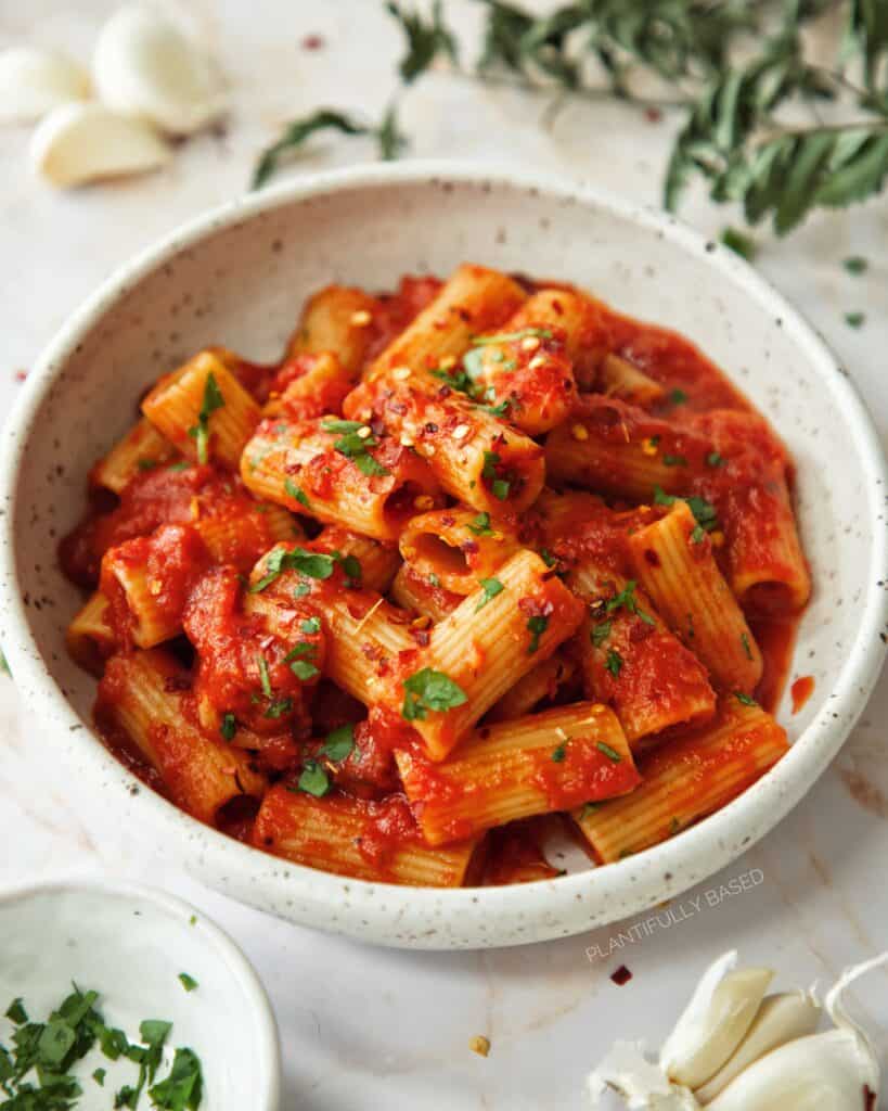 Rigatoni Arrabbiata in bowl