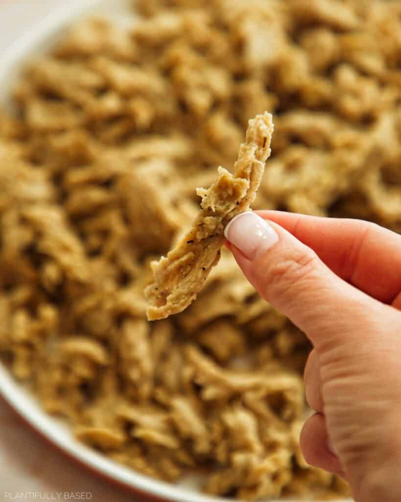 piece of vegan shredded chicken being held