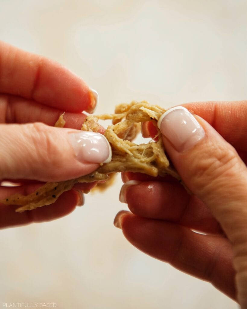 vegan shredded chicken being pulled apart