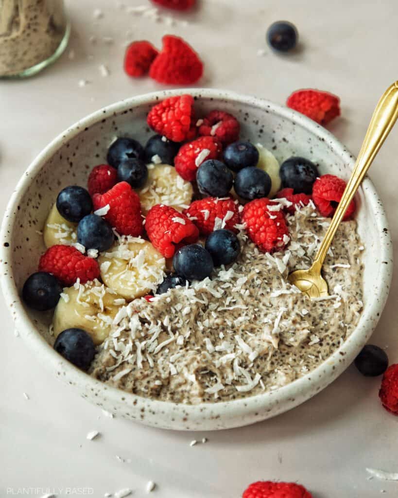 Protein Chia Seed Pudding in a bowl with fruit