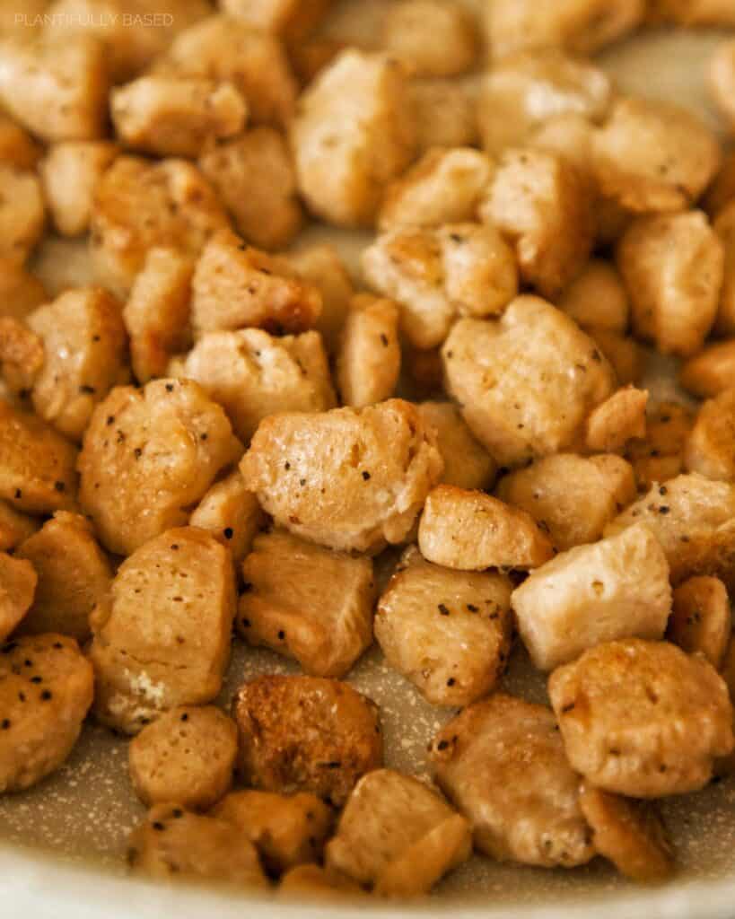 soy chunks cooking in pan