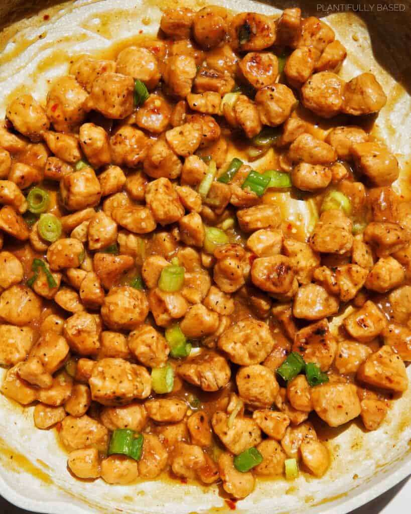 vegan sesame chicken in pan
