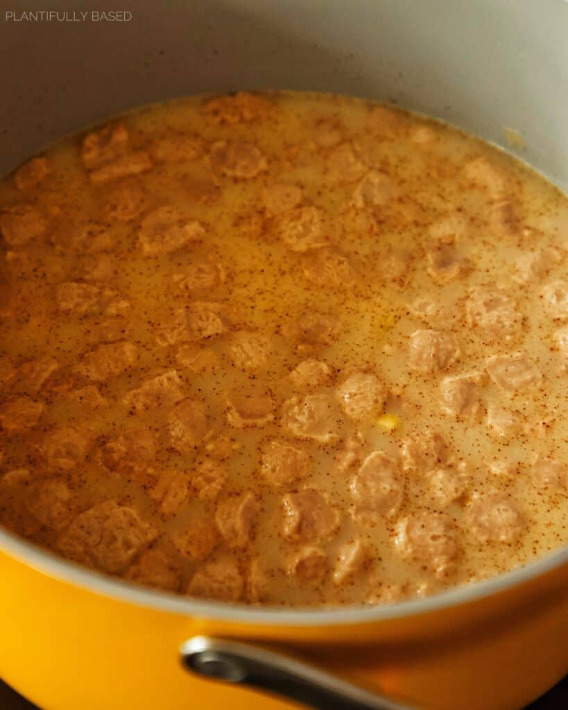 liquid and soy chunks in pot