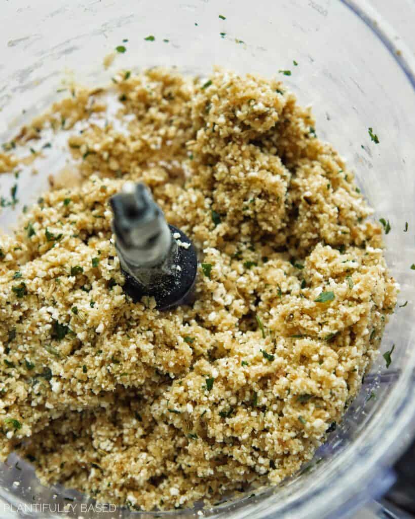 blended up ingredients for vegan sausage and peppers