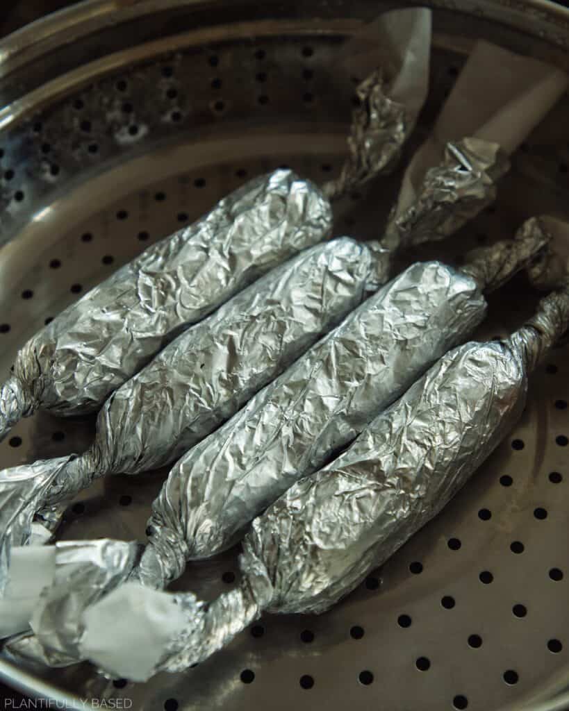 vegan sausage in steamer basket