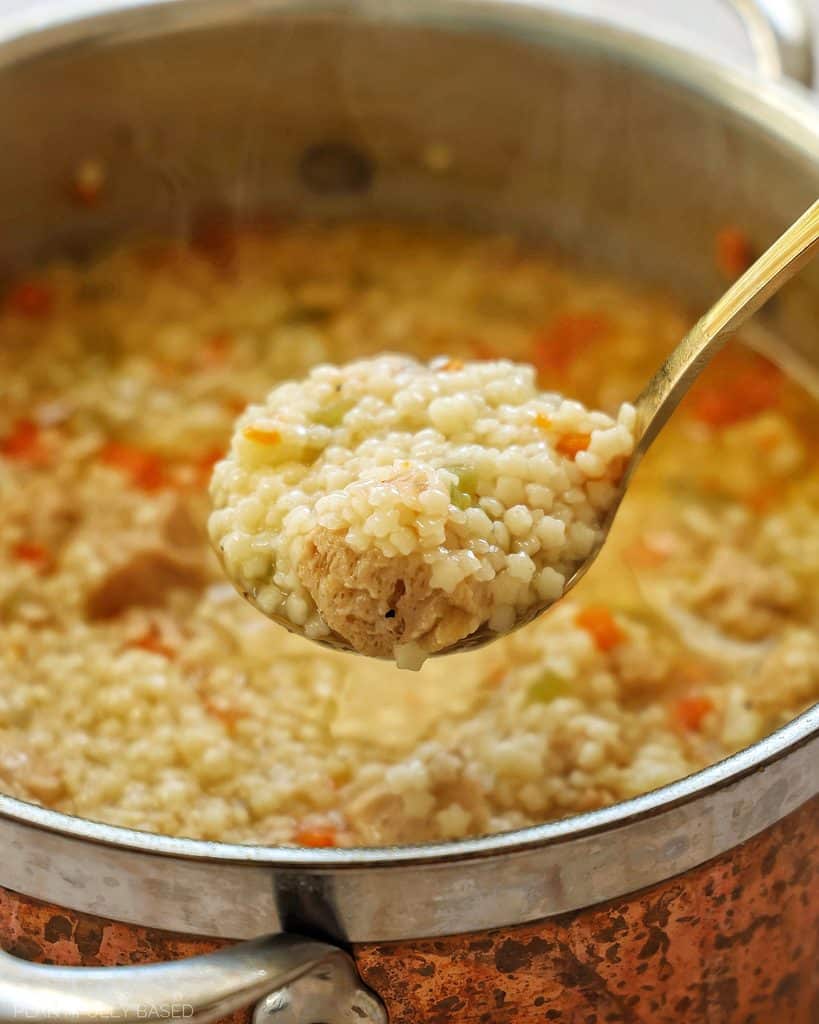 vegan chicken soup being scooped